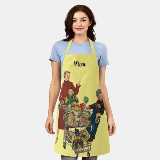 レトロファミリー、ママと子供の食料品ショッピングカート エプロン (着用した状態)