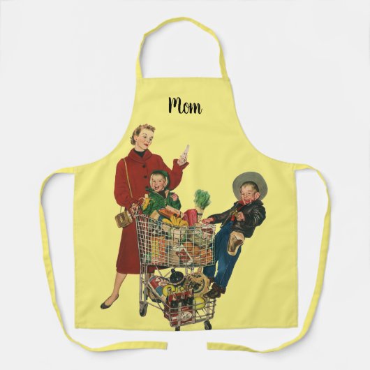 レトロファミリー、ママと子供の食料品ショッピングカート エプロン (正面)