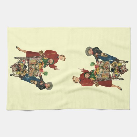 レトロファミリー、ママと子供の食料品ショッピングカート キッチンタオル (横)