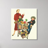 レトロファミリー、ママと子供の食料品ショッピングカート キャンバスプリント (正面)