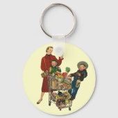 レトロファミリー、ママと子供の食料品ショッピングカート キーホルダー (正面)