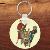 レトロファミリー、ママと子供の食料品ショッピングカート キーホルダー (正面)