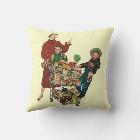 レトロファミリー、ママと子供の食料品ショッピングカート クッション (裏面)