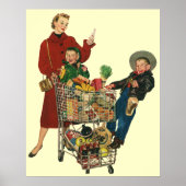 レトロファミリー、ママと子供の食料品ショッピングカート ポスター (正面)