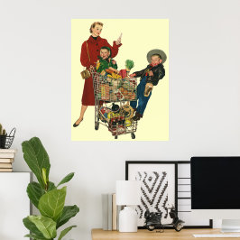 レトロファミリー、ママと子供の食料品ショッピングカート ポスター