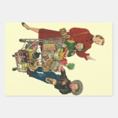 レトロファミリー、ママと子供の食料品ショッピングカート ラッピングペーパーシート (正面)