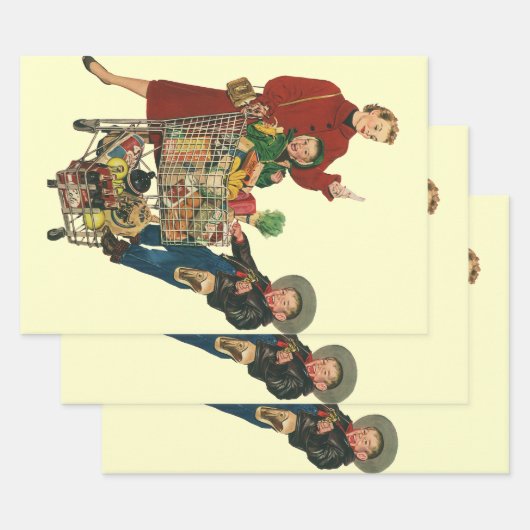 レトロファミリー、ママと子供の食料品ショッピングカート ラッピングペーパーシート (セット)