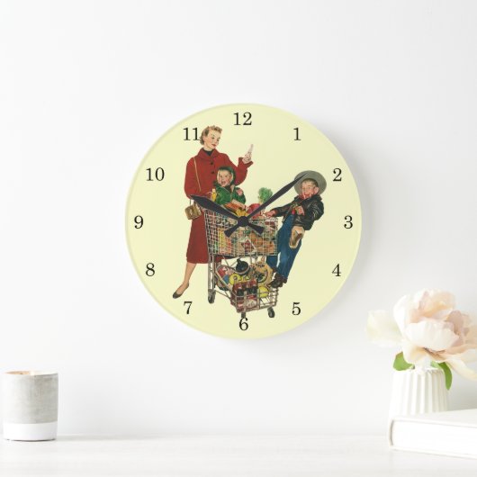 レトロファミリー、ママと子供の食料品ショッピングカート ラージ壁時計 (ホーム)