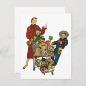 レトロファミリー、ママと子供の食料品ショッピングカート 招待状 (正面/裏面)