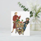 レトロファミリ、お母さんと子ども、カートスーパーショッピング ポストカード (スタンド正面)