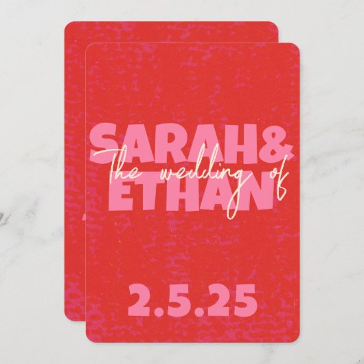 レトロファンキーはっきりしたレッド結婚ピンク 招待状 (正面/裏面)