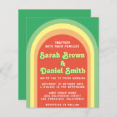レトロファンキーアーチグリーンバジェット結婚式招待状 (正面/裏面)
