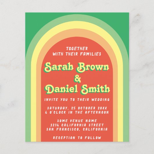 レトロファンキーアーチグリーンバジェット結婚式招待状 (正面)