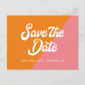 レトロファンキーオレンジピンクウェディング日付を保存 案内ポストカード (正面)