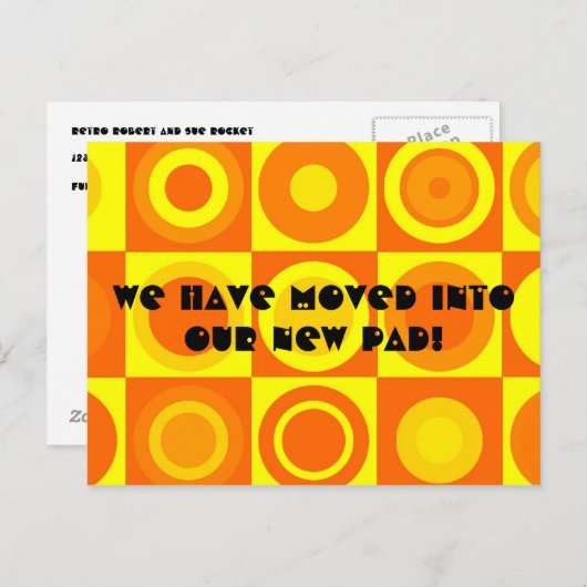 レトロファンキーオレンジ色の黄色い円のアドレス変更 案内ポストカード (正面/裏面)