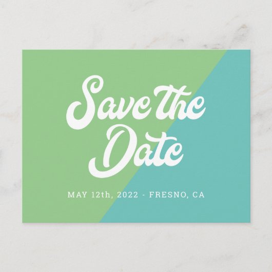 レトロファンキーグリーンブルーウェディング日付を保存 案内ポストカード (正面)