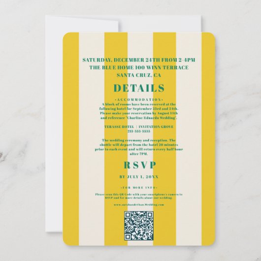 レトロファンキーストライプのグリーンイエロー結婚ズ 招待状 (裏面)