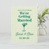 レトロファンキーストライプのグリーンイエロー結婚ズ 招待状 (スタンド正面)