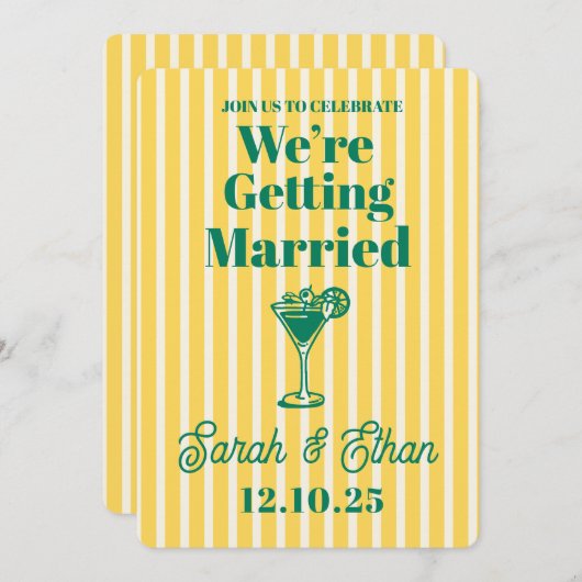 レトロファンキーストライプのグリーンイエロー結婚ズ 招待状 (正面/裏面)
