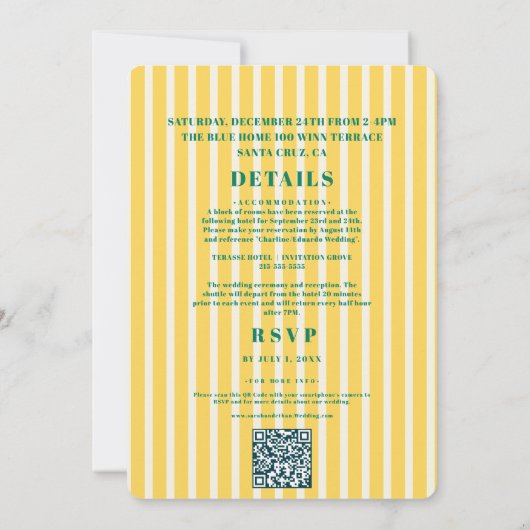 レトロファンキーストライプのグリーンイエロー結婚ズ 招待状 (裏面)