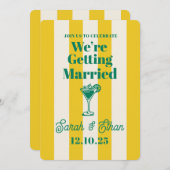 レトロファンキーストライプのグリーンイエロー結婚ズ 招待状 (正面/裏面)