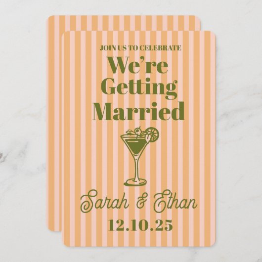 レトロファンキーストライプのピンクオ結婚レンジズ 招待状 (正面/裏面)