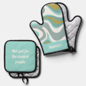 レトロファンキーブルーとゴールデンカラー 鍋つかみ&鍋敷きセット (正面/裏面)