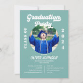 レトロファンキーブルー及び金ゴールド卒業招待状 招待状 (正面)