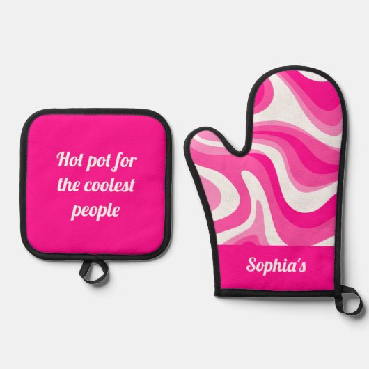 レトロファンキーホットピンク 鍋つかみ&鍋敷きセット (正面)