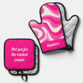 レトロファンキーホットピンク 鍋つかみ&鍋敷きセット (正面/裏面)