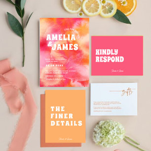 レトロファンキーモダンピンク結婚オレンジ 招待状