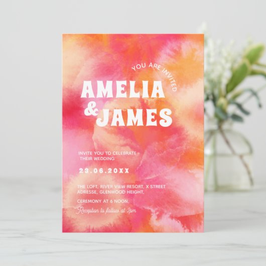 レトロファンキーモダンピンク結婚オレンジ 招待状 (スタンド正面)