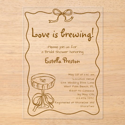 レトロファンキーラブイズブルーイングマルティーニブライダルシャワー アクリル招待状 (正面)