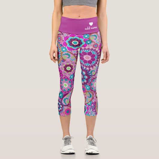 レトロファンキー花柄の名前 – 紫色の青 カプリレギンス (正面)