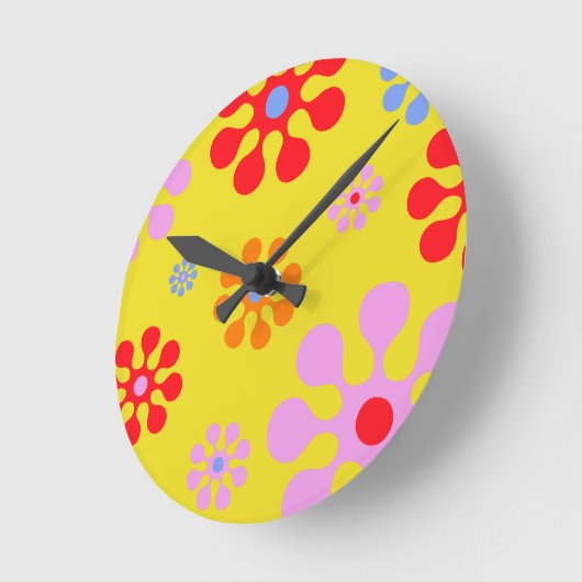 レトロファンキー花模様イエローウォールクロック ラウンド壁時計 (傾斜)