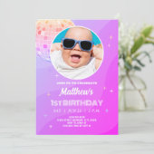 レトロファンキー80s 90sディスコ最初の誕生日写真 招待状 (スタンド正面)