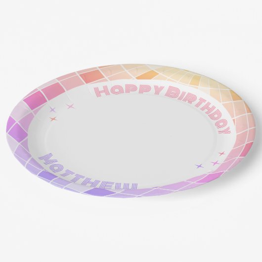 レトロファンキー90年代ピンクディスコボール誕生日パーティー ペーパープレート (アングル)