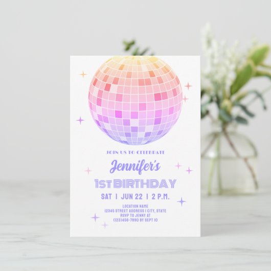 レトロファンキー90年代ピンクディスコボール誕生日パーティー 招待状 (スタンド正面)