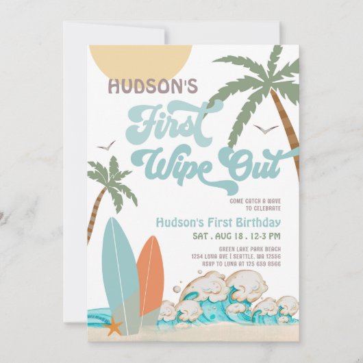 レトロファーストワイプアウトサーフサーフィン1st誕生日 招待状 (正面)
