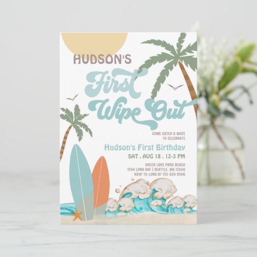 レトロファーストワイプアウトサーフサーフィン1st誕生日 招待状 (スタンド正面)