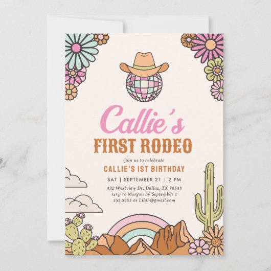 レトロファースト・ロデオ・ウェスタン・ガール1st誕生日 招待状 (正面)