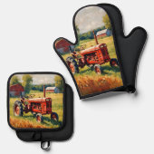 レトロファームビークル素朴ヴィンテージレッドトラクター 鍋つかみ&鍋敷きセット (正面/裏面)
