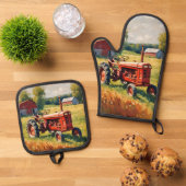 レトロファームビークル素朴ヴィンテージレッドトラクター 鍋つかみ&鍋敷きセット (トップダウン)