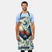 レトロファームルースターパターン エプロン (着用した状態)