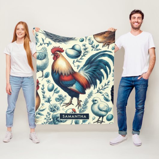 レトロファームルースターパターン フリースブランケット (インサイチュ)