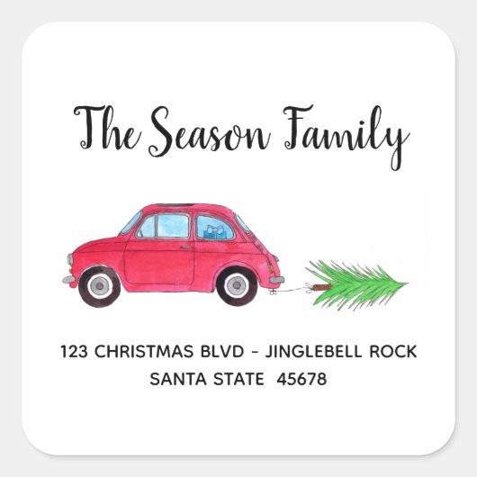 レトロフィアット500クリスマスツリーの水色 スクエアシール (正面)