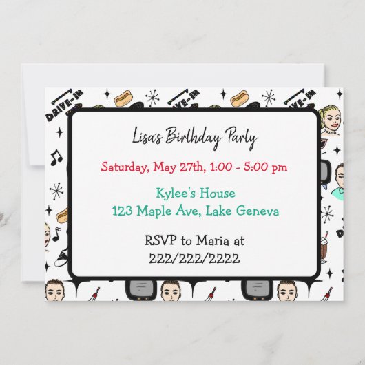 レトロフィフティーズをテーマにした誕生日 招待状 (裏面)