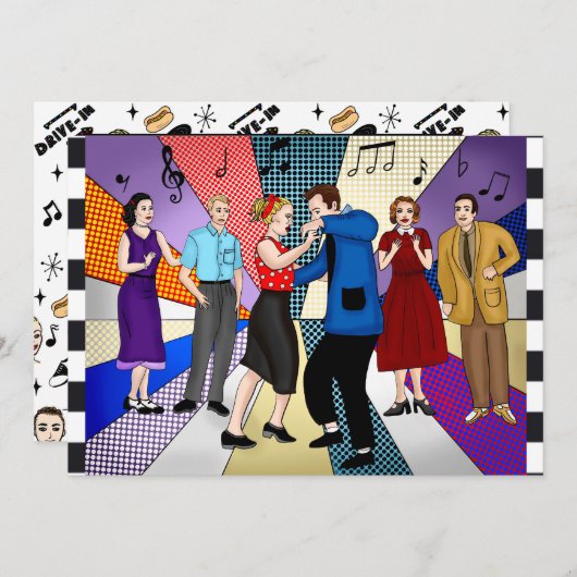 レトロフィフティーズをテーマにした誕生日 招待状 (正面/裏面)