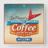 レトロフィフティーズカフェパーソナライズされたダイナーサイン スクエア壁時計 (正面)