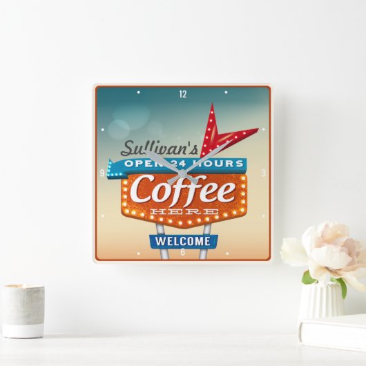 レトロフィフティーズカフェパーソナライズされたダイナーサイン スクエア壁時計 (ホーム)